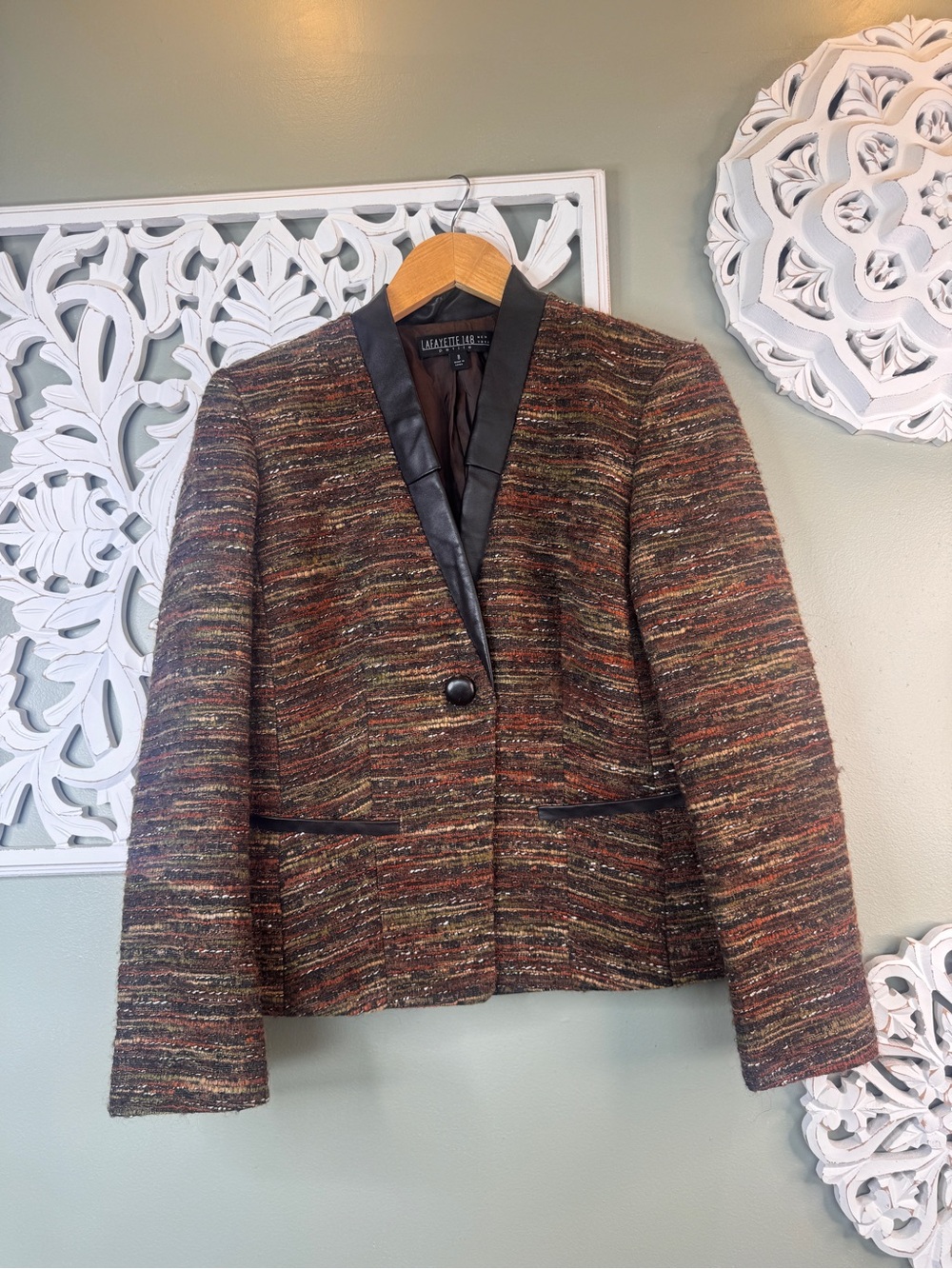 Lafayette 148 8P Multicolor Tweed Leather Trim Wool Alpaca Blazer